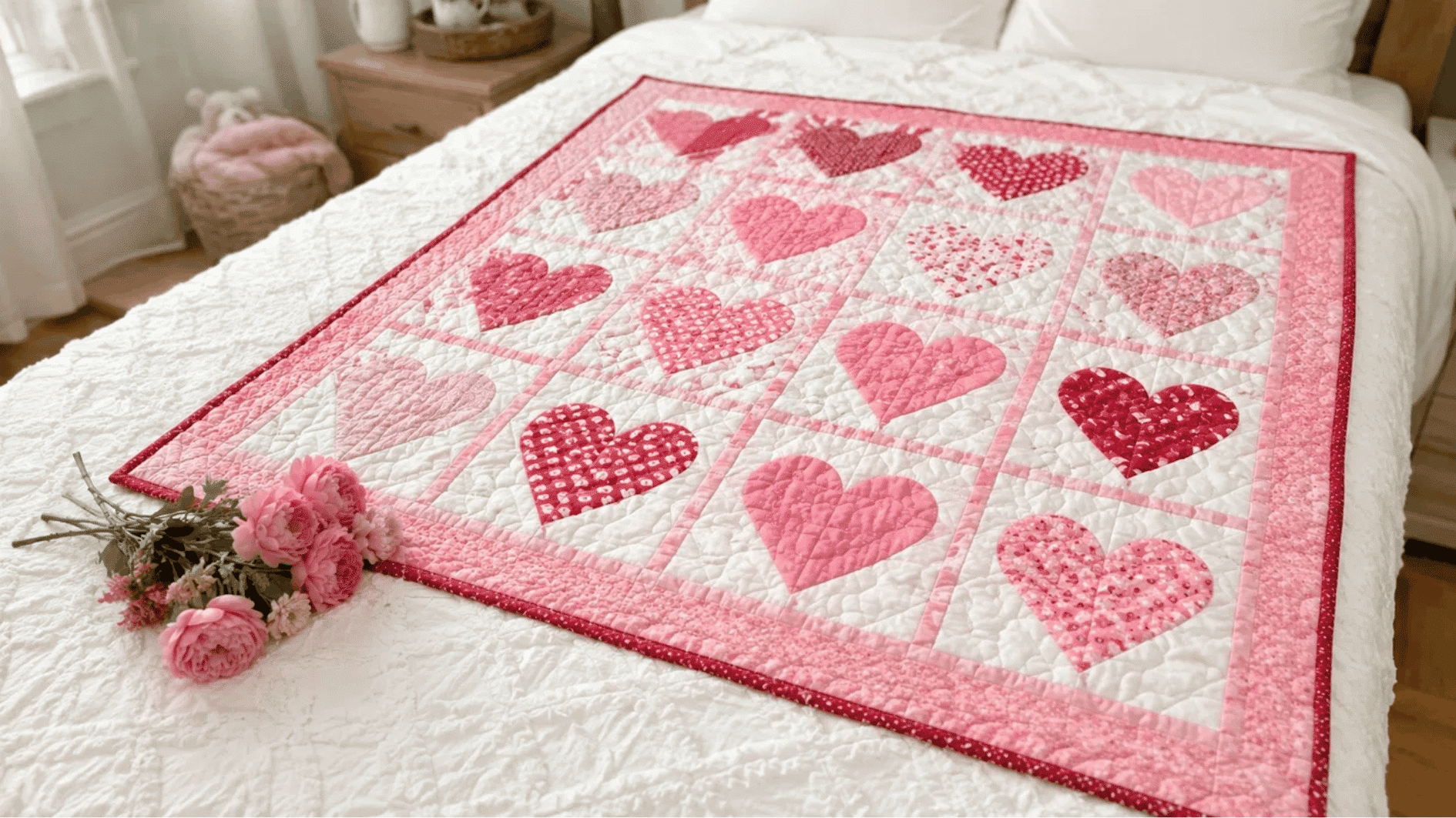 pink heart block baby quilt spread on white bed with pink peony bouquet beside it