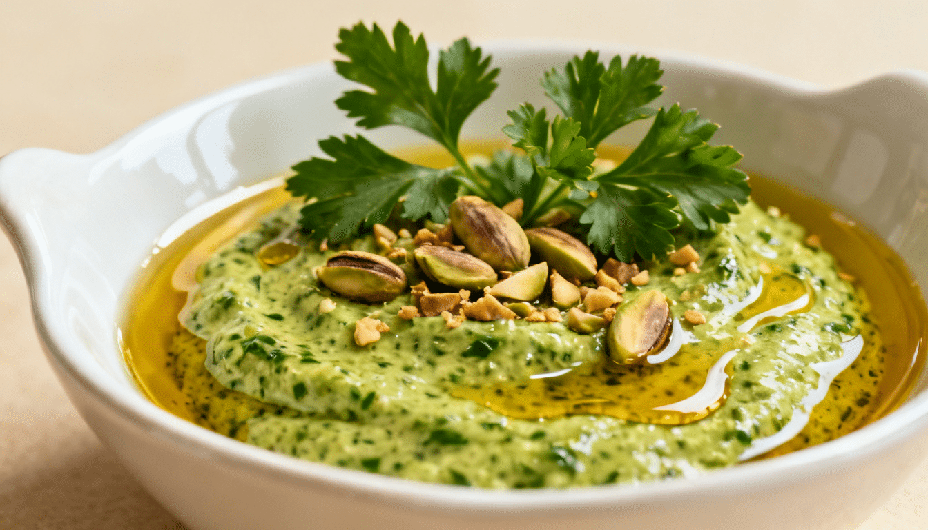 pistachio and parsley pesto in white ceramic bowl topped with pistachios, fresh parsley, and olive oil drizzle