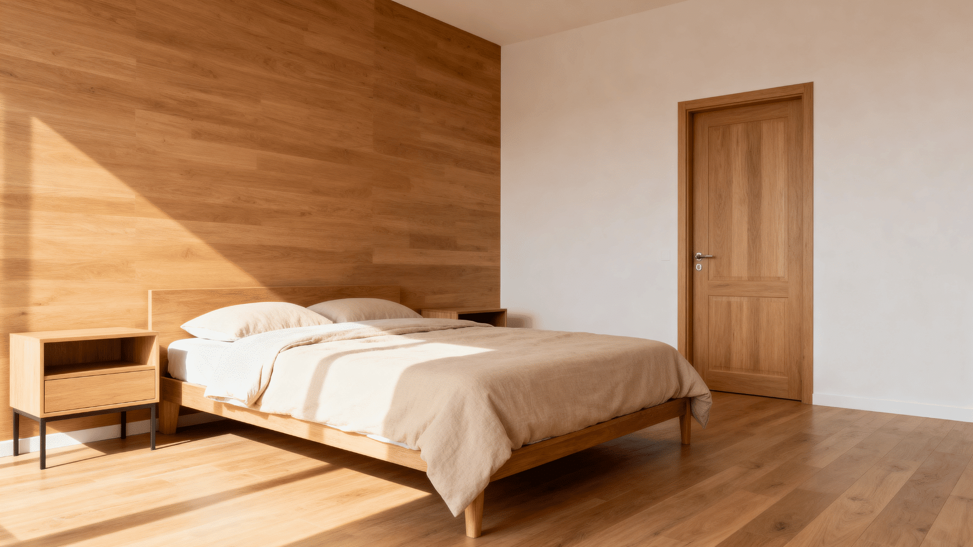 pleasant bedroom with bed angled to see the door