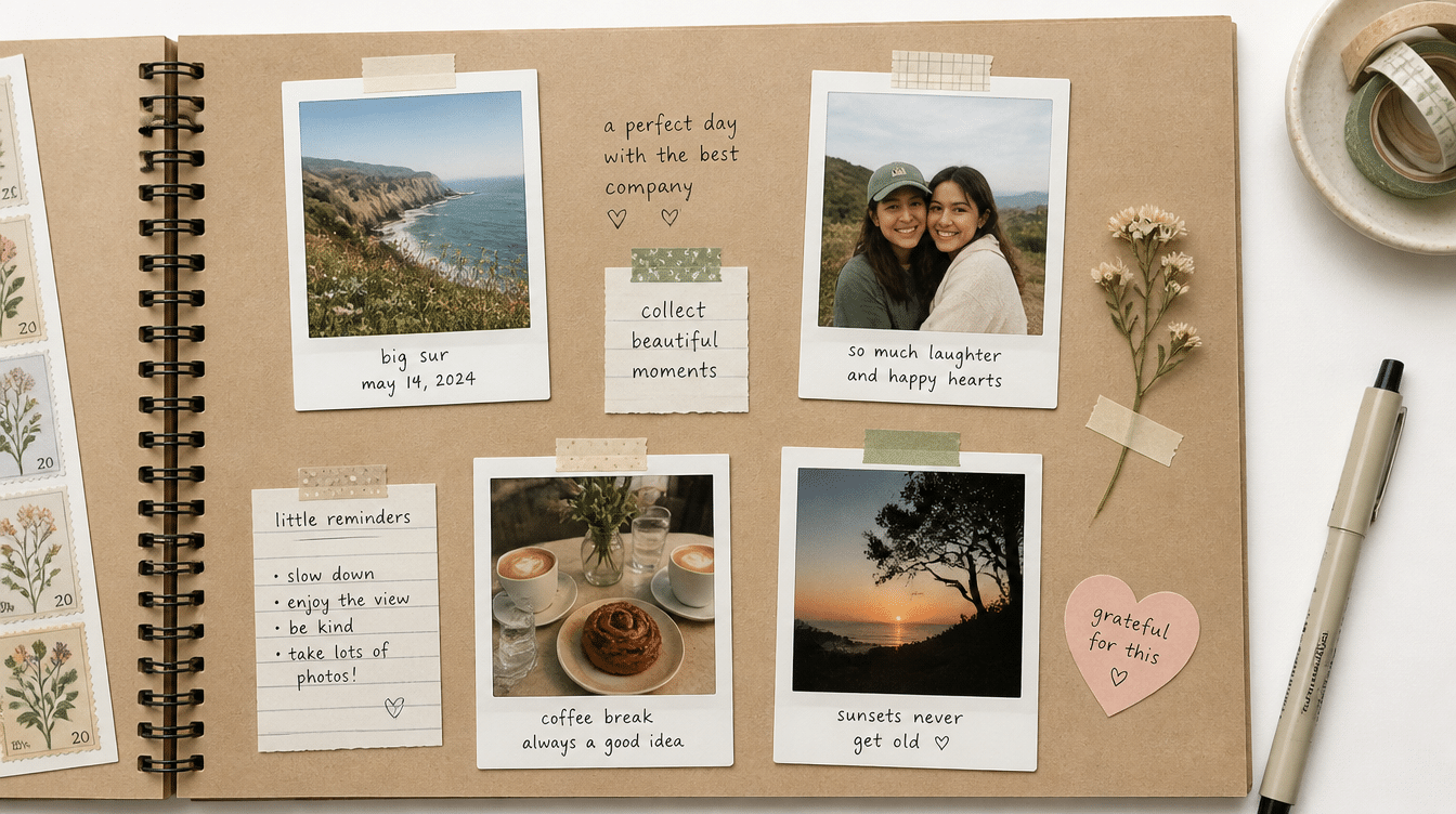 polaroid-style scrapbook layout with travel photos, handwritten notes, pressed flowers, and keepsake details arranged on a kraft paper album page