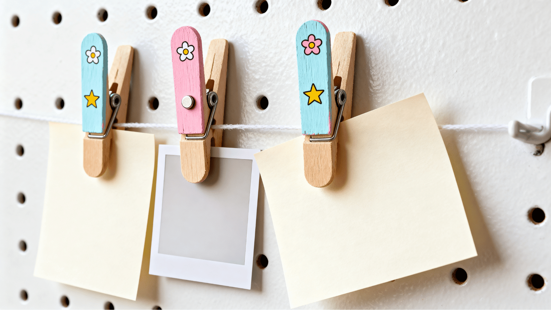 popsicle stick magnet clips holding blank notes on a fridge