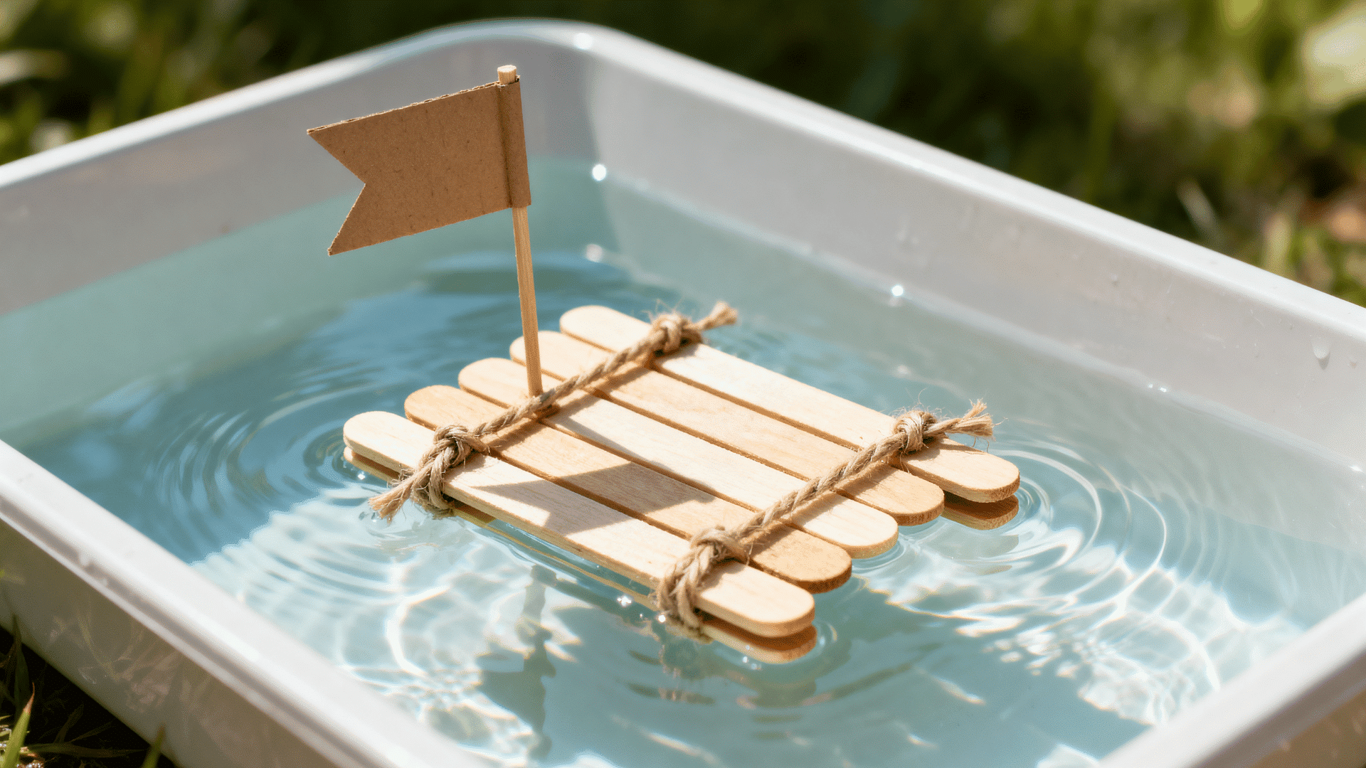 popsicle stick toy raft with twine and small flag floating in shallow water