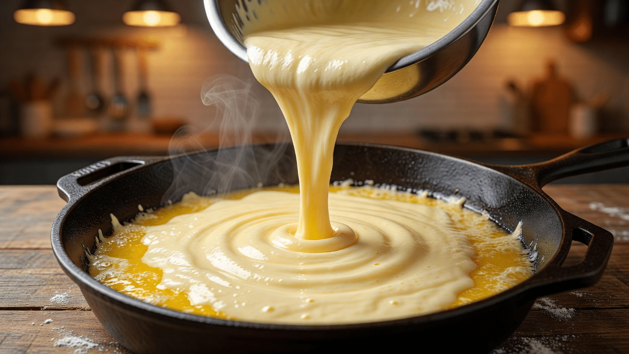 pouring dutch baby batter into hot buttered cast iron skillet before baking in oven
