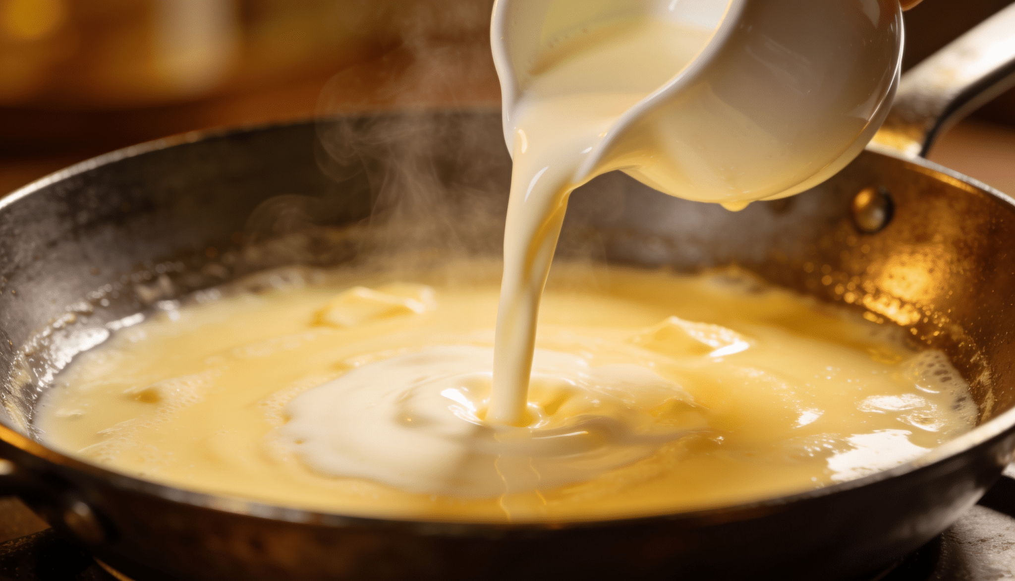 pouring heavy cream into melted butter in a skillet with steam rising as the base for homemade alfredo sauce cooks gently
