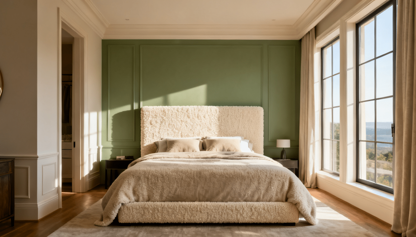 primary bedroom retreat addition with upholstered bed, large windows, soft neutral finishes, and scenic views