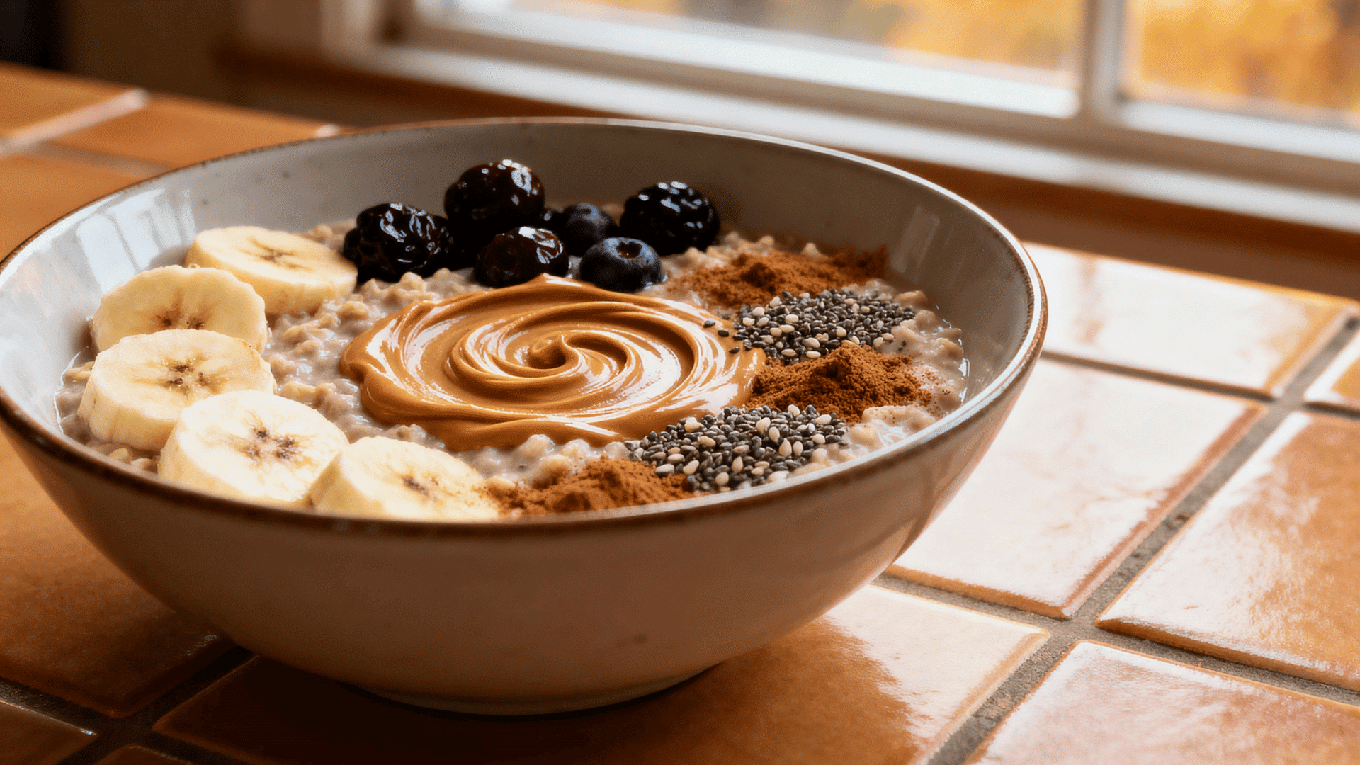 protein oatmeal with banana, berries, peanut butter, chia seeds, and cinnamon