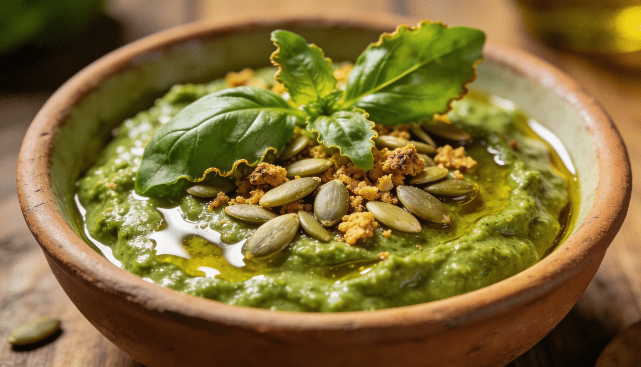 pumpkin seed pesto in earthenware bowl topped with basil leaves, pumpkin seeds, breadcrumbs, and olive oil drizzle