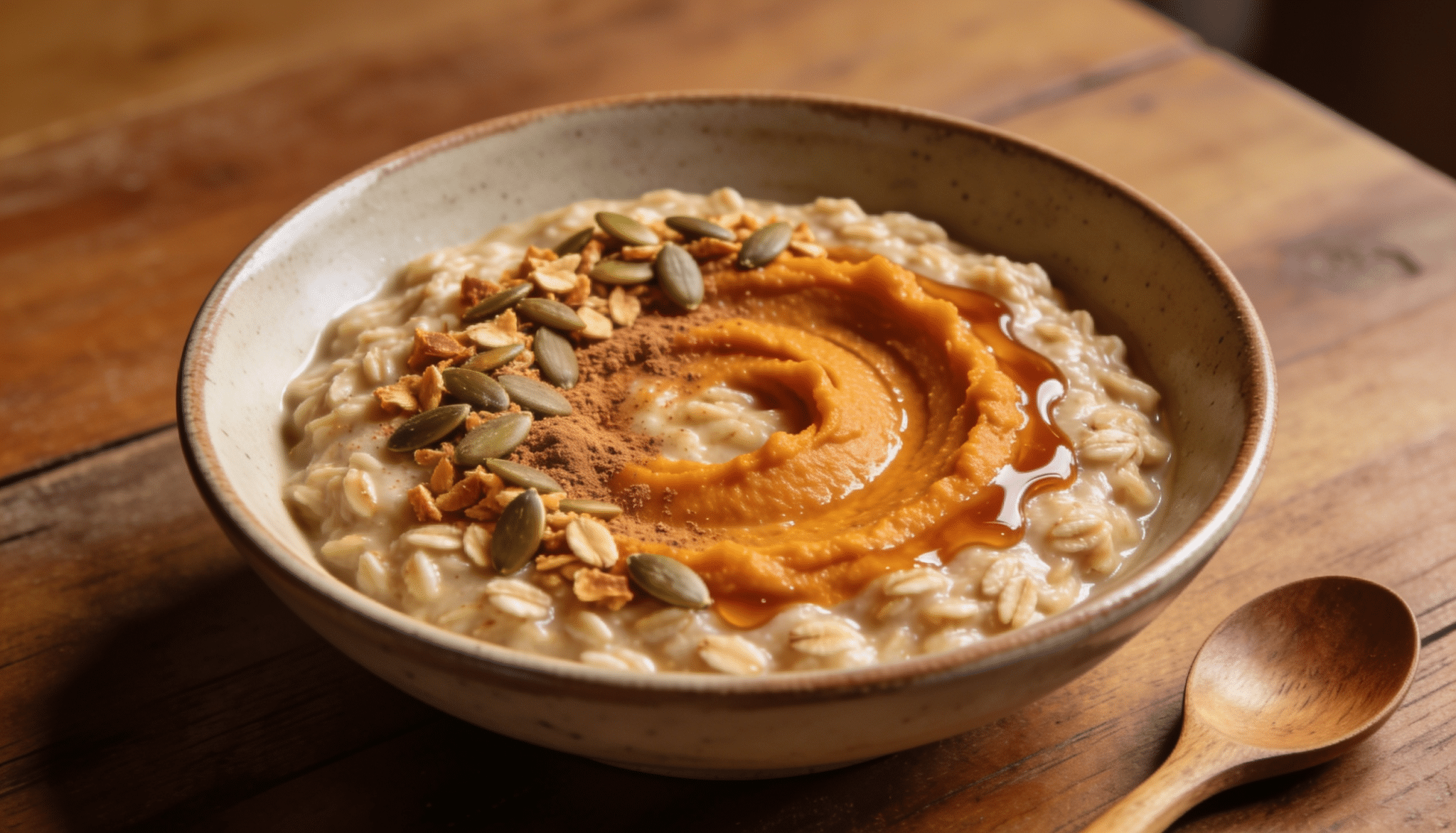 pumpkin spice breakfast bowl topped with pumpkin puree pumpkin seeds oats cinnamon and maple syrup in a ceramic bowl on wood table