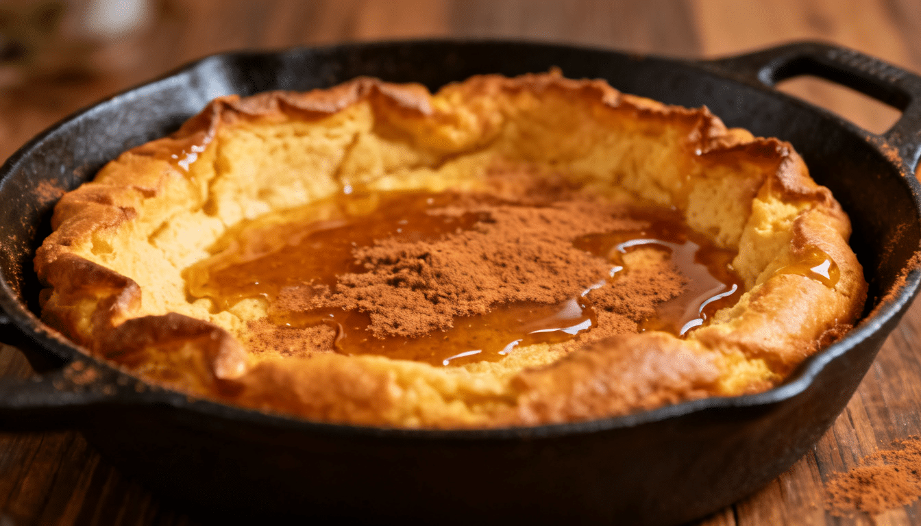 pumpkin spice dutch baby pancake topped with cinnamon and maple syrup in cast iron skillet