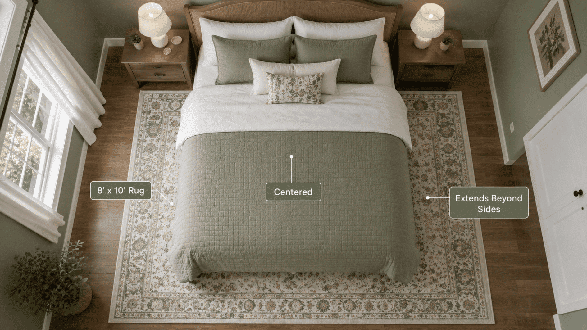queen bed with an 8x10 rug centered underneath and extending beyond the sides.