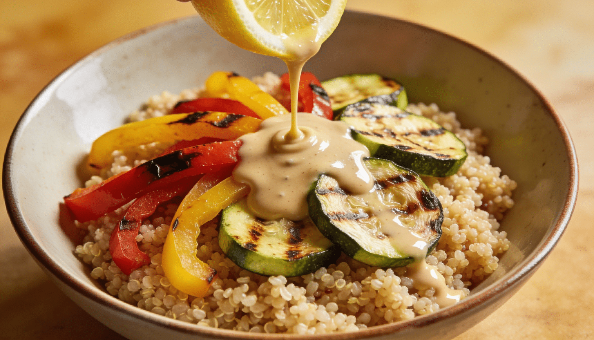 quinoa veggie breakfast bowl with grilled zucchini roasted bell peppers quinoa and creamy tahini dressing on top