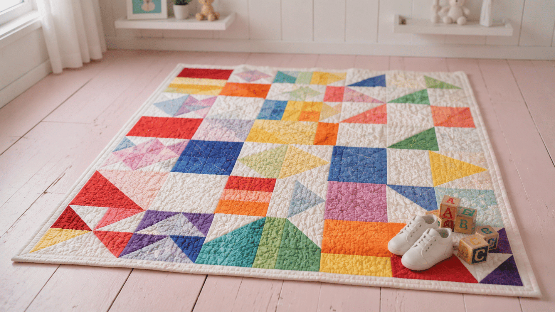 rainbow geometric baby quilt on pink painted floor with alphabet blocks and baby shoe