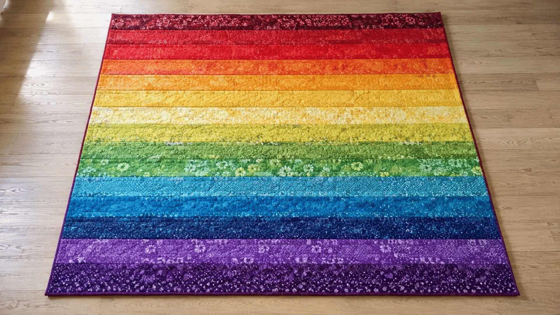 rainbow jelly roll race quilt with fabric strips arranged in color order from red to purple