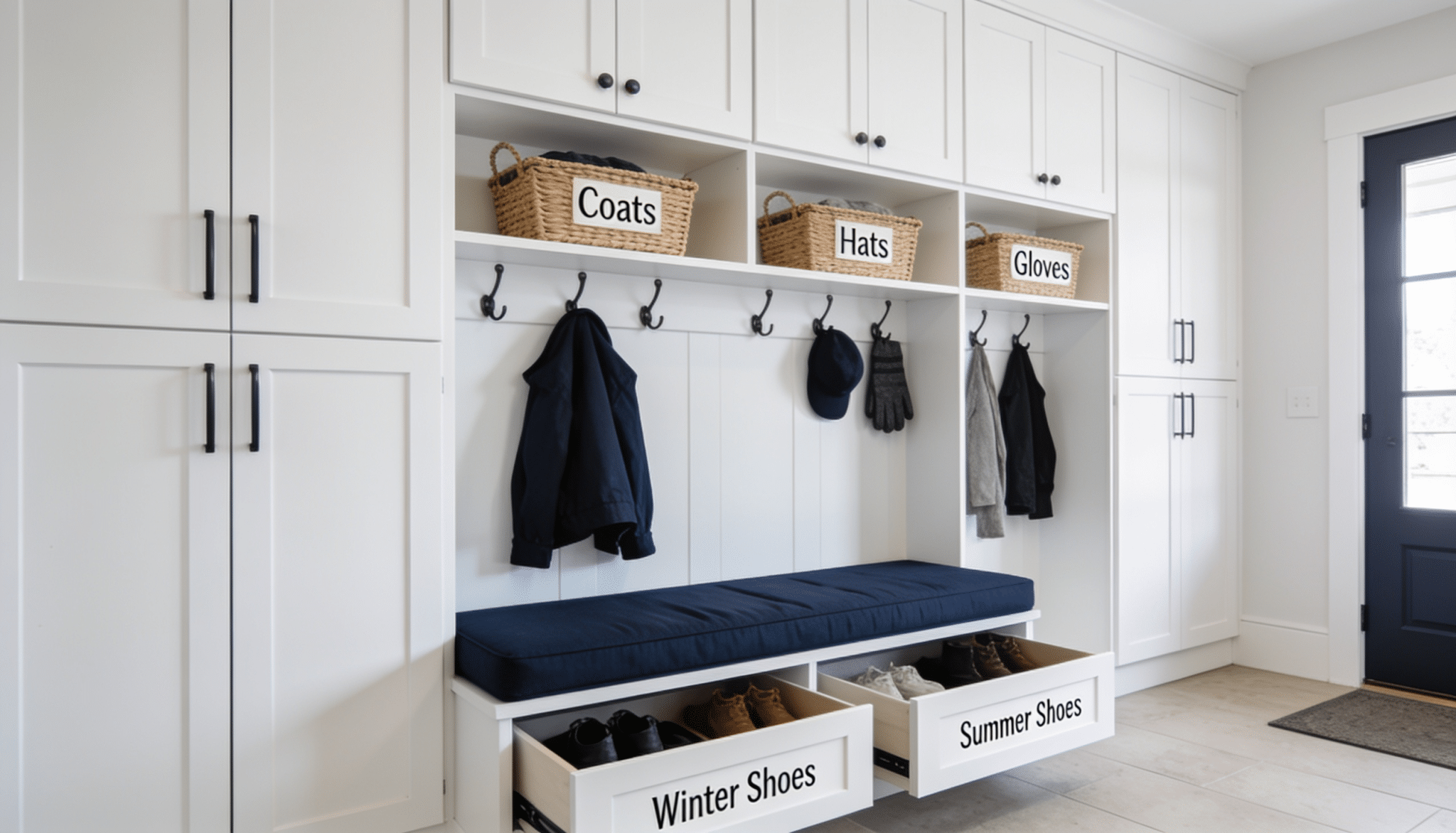 rear mudroom addition with built-in storage cabinets, bench seating, labeled drawers, and organized entryway design