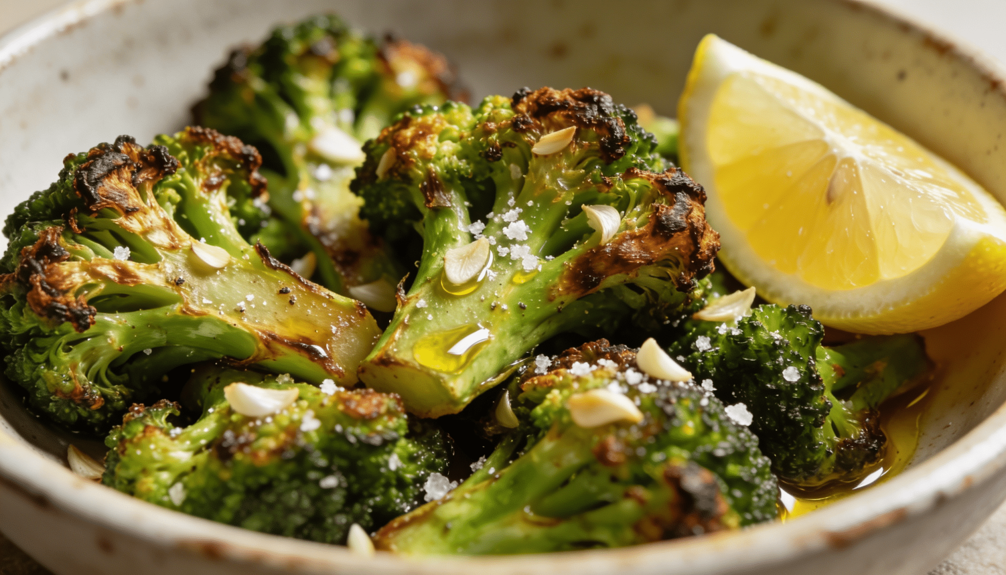 roasted broccoli florets with crispy edges, garlic slices, olive oil, coarse salt, and lemon wedge served in a ceramic bowl