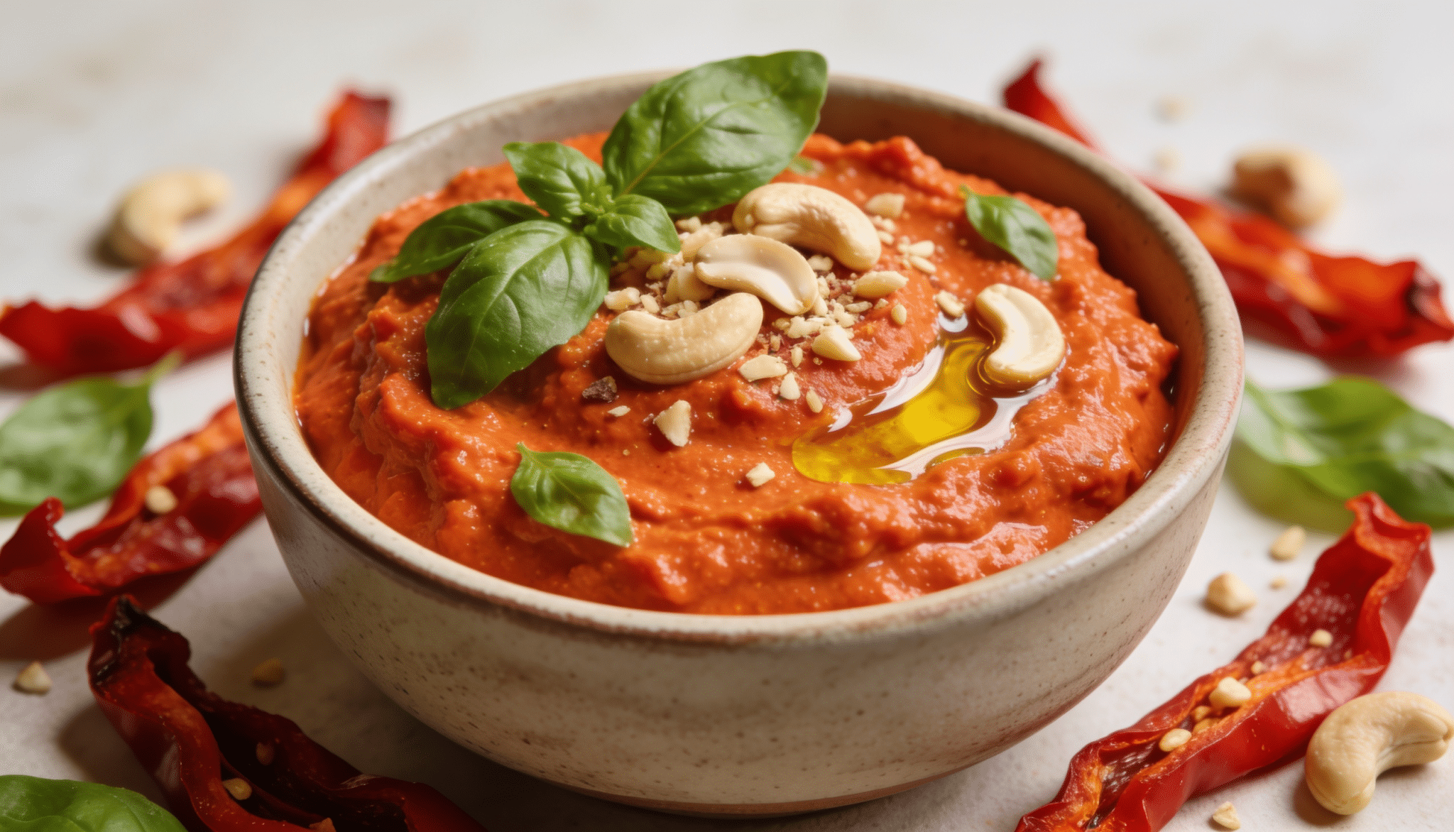 roasted red pepper cashew pesto in ceramic bowl topped with basil leaves, cashews, and olive oil drizzle on white background
