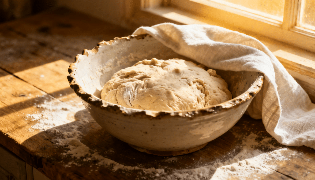 rustic bowl of bread dough resting under a cloth on a wooden table near a sunlit window