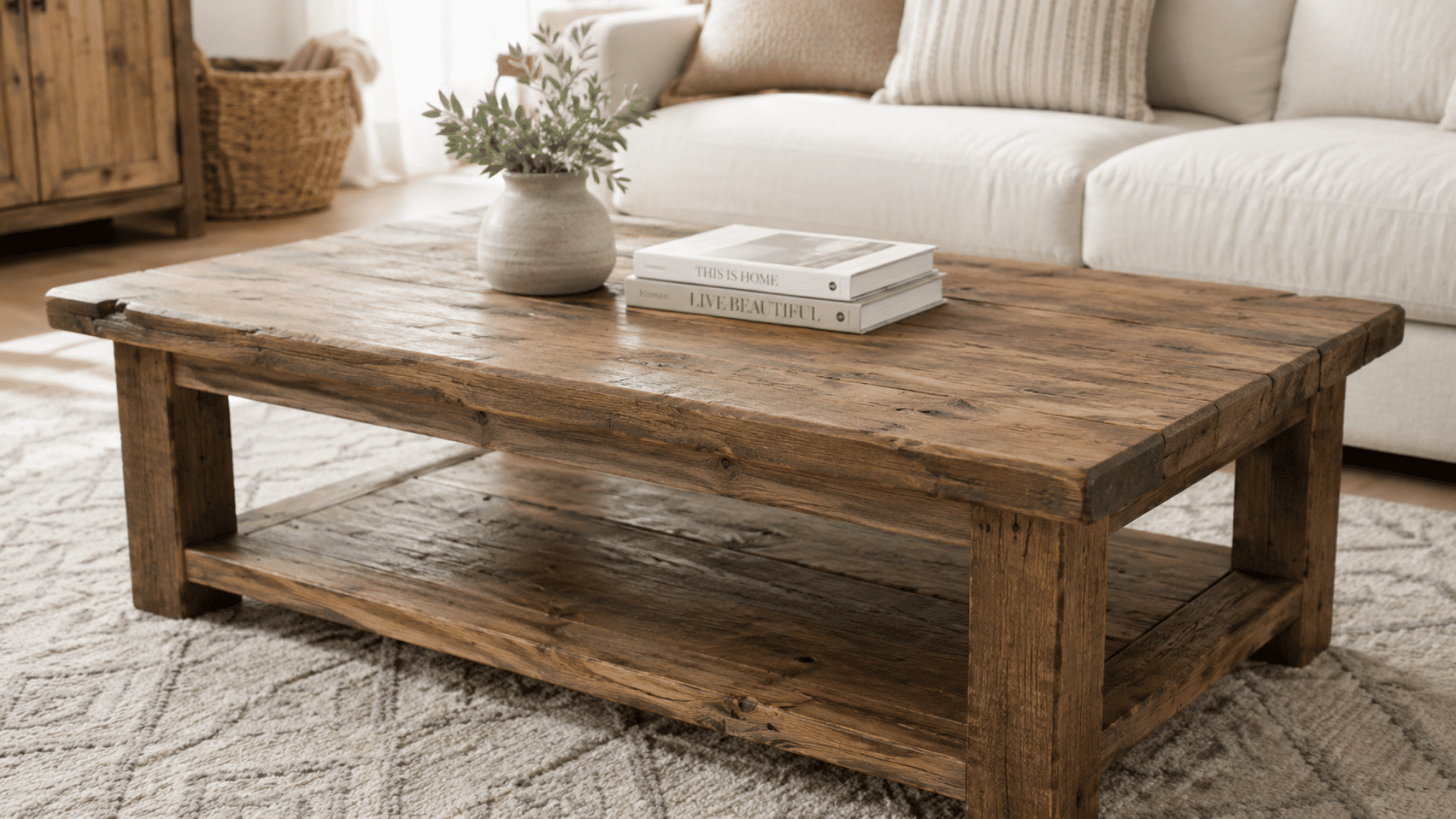 rustic wood coffee table in an indoor setting with mat beneath it stacked books on it and a sofa in backhround
