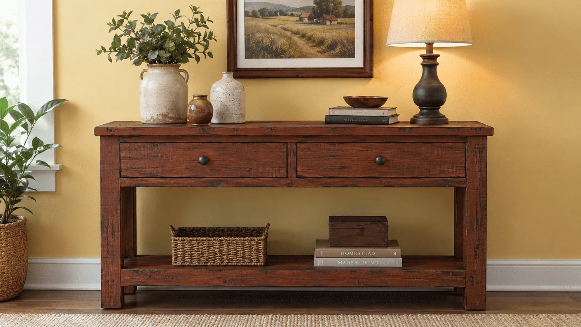rusty redwood console table with drawers in an indoor settings with lamp flower vase and basket kept on it