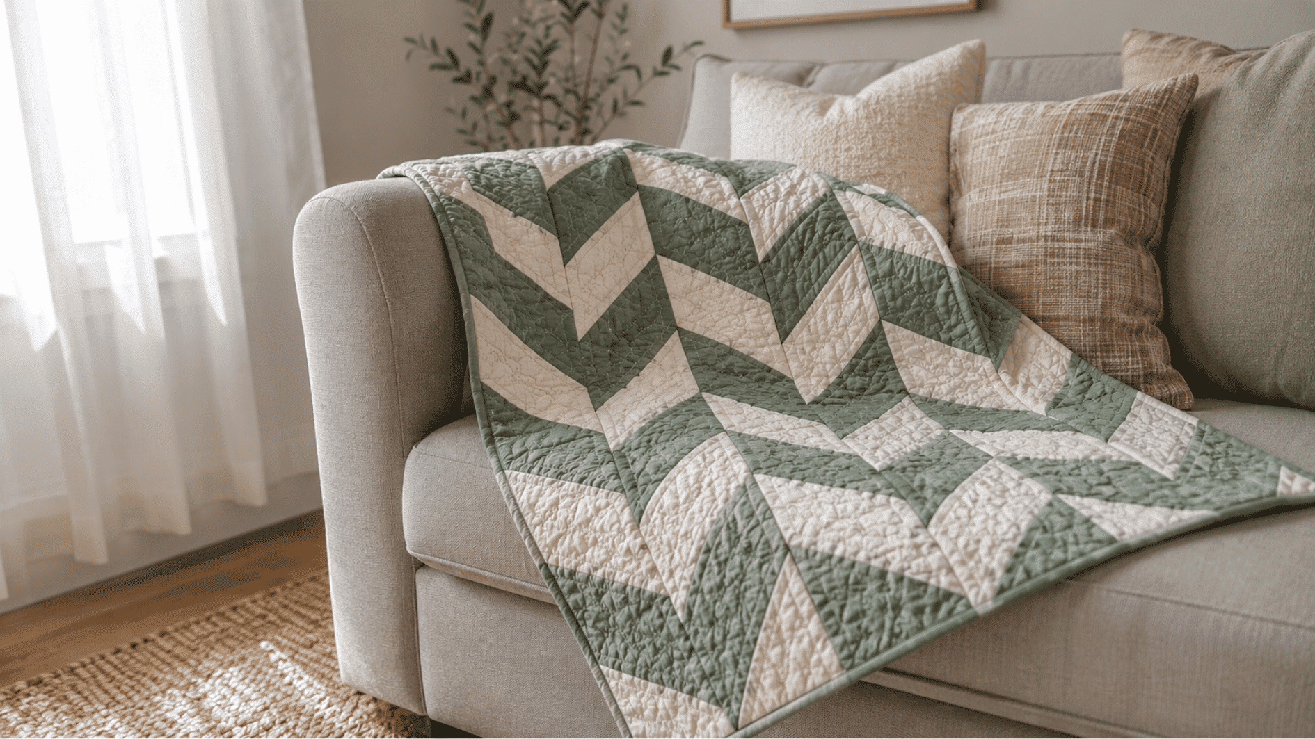 sage green and cream herringbone baby quilt draped over a light grey linen sofa