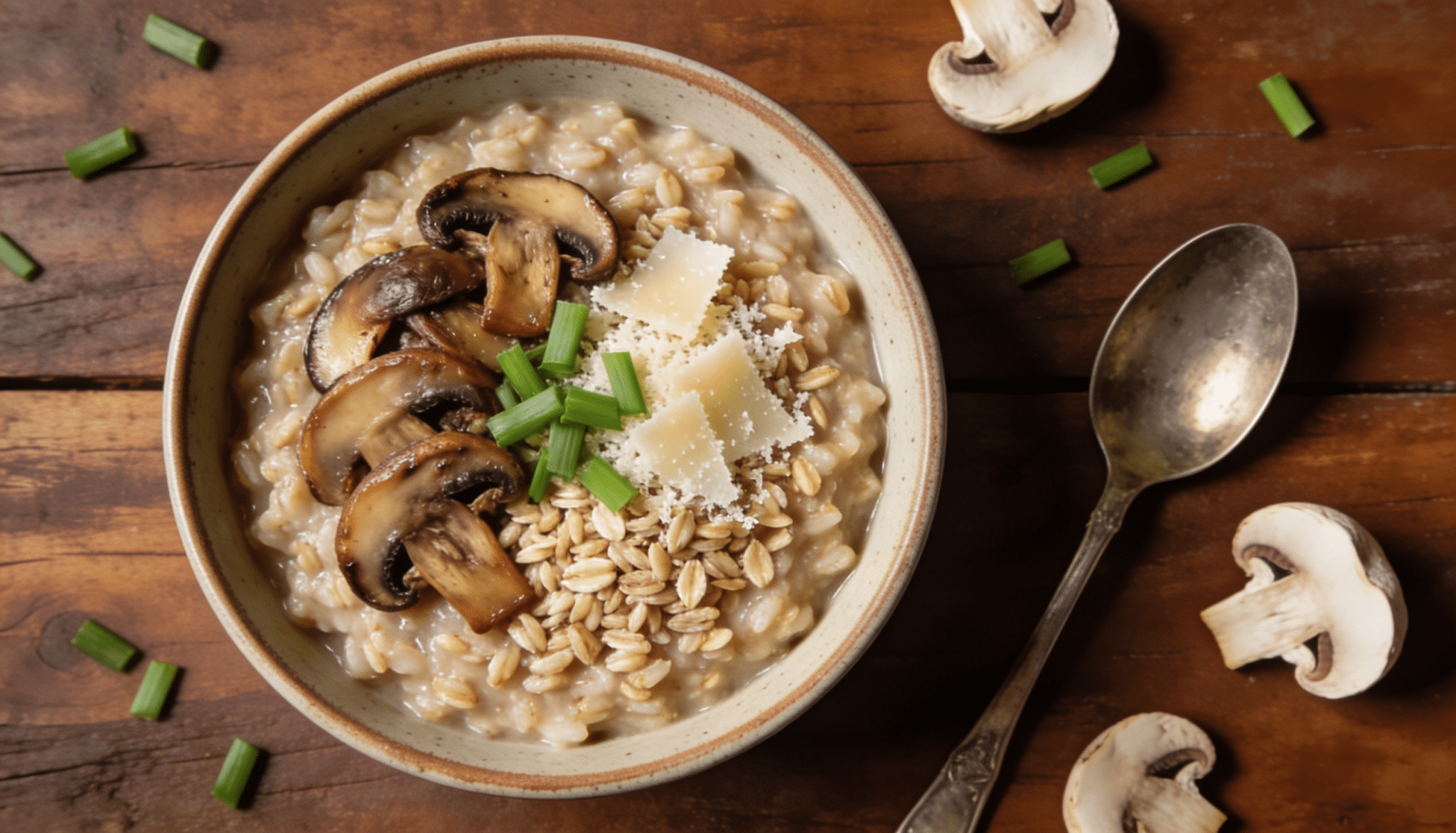 savory oatmeal mushroom bowl topped with sauteed mushrooms parmesan cheese and green onions in a ceramic bowl on wooden table