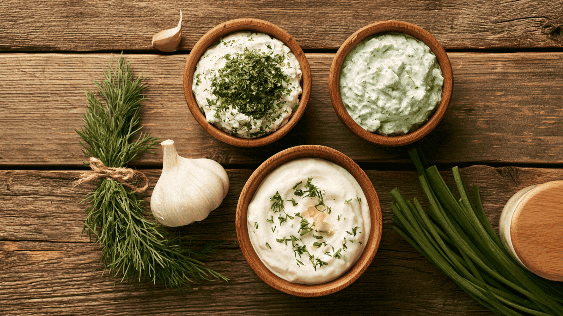 savoury yogurt kept on a wooden table with three different flavouring options garlic, herbs and cucumber in an indoor setting and clay bowls
