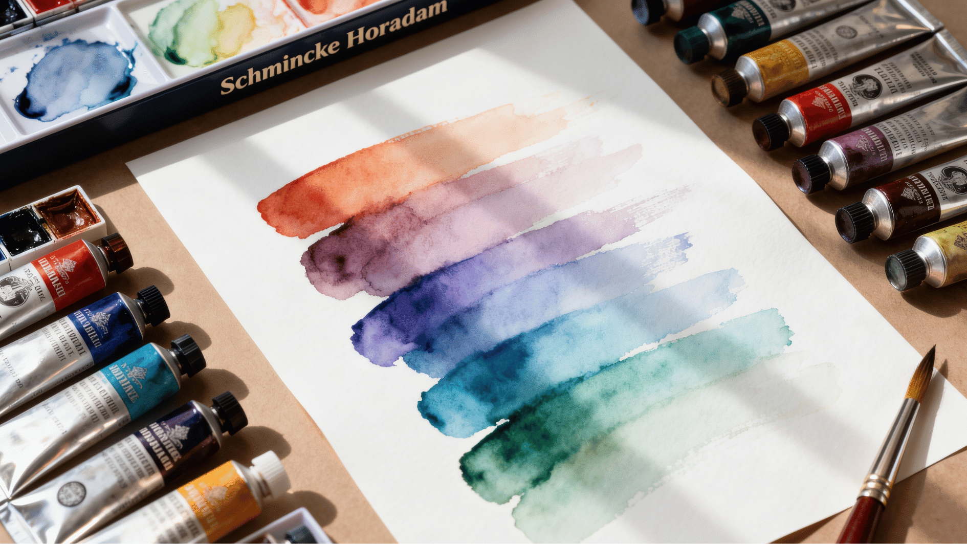 schmincke horadam watercolor palette with smooth layered swatches and controlled blending on textured paper in soft studio light