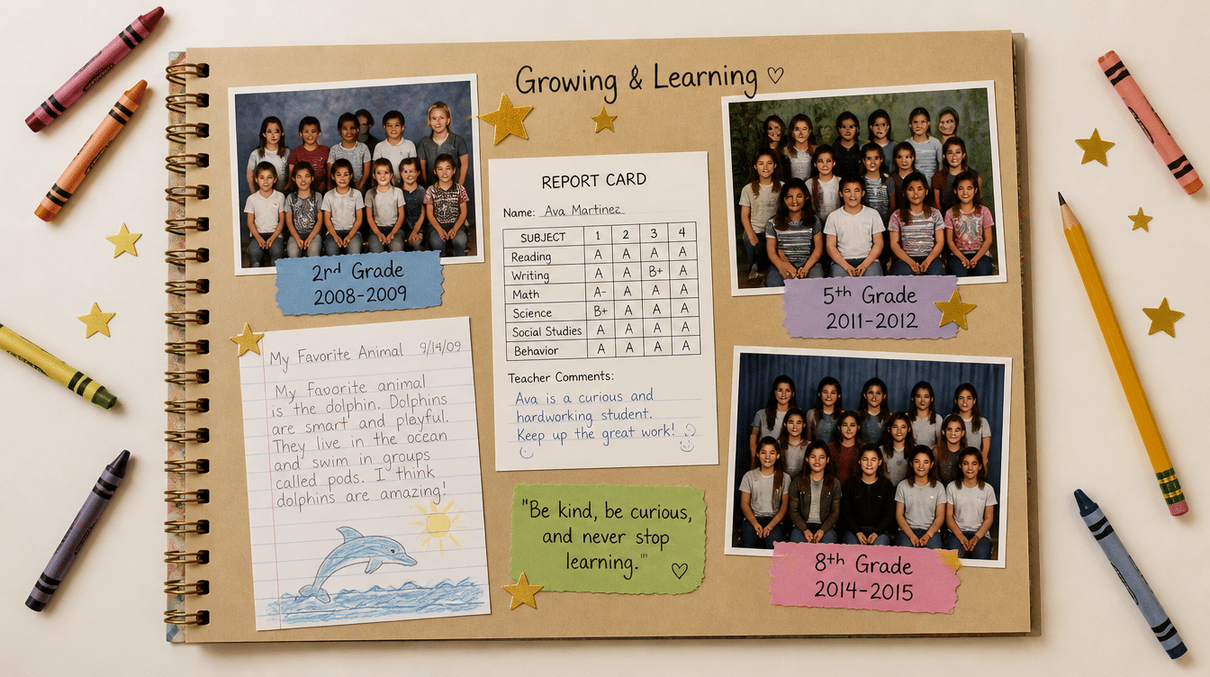 school memories scrapbook page with class photos, report card, student artwork, and handwritten notes surrounded by crayons and stars