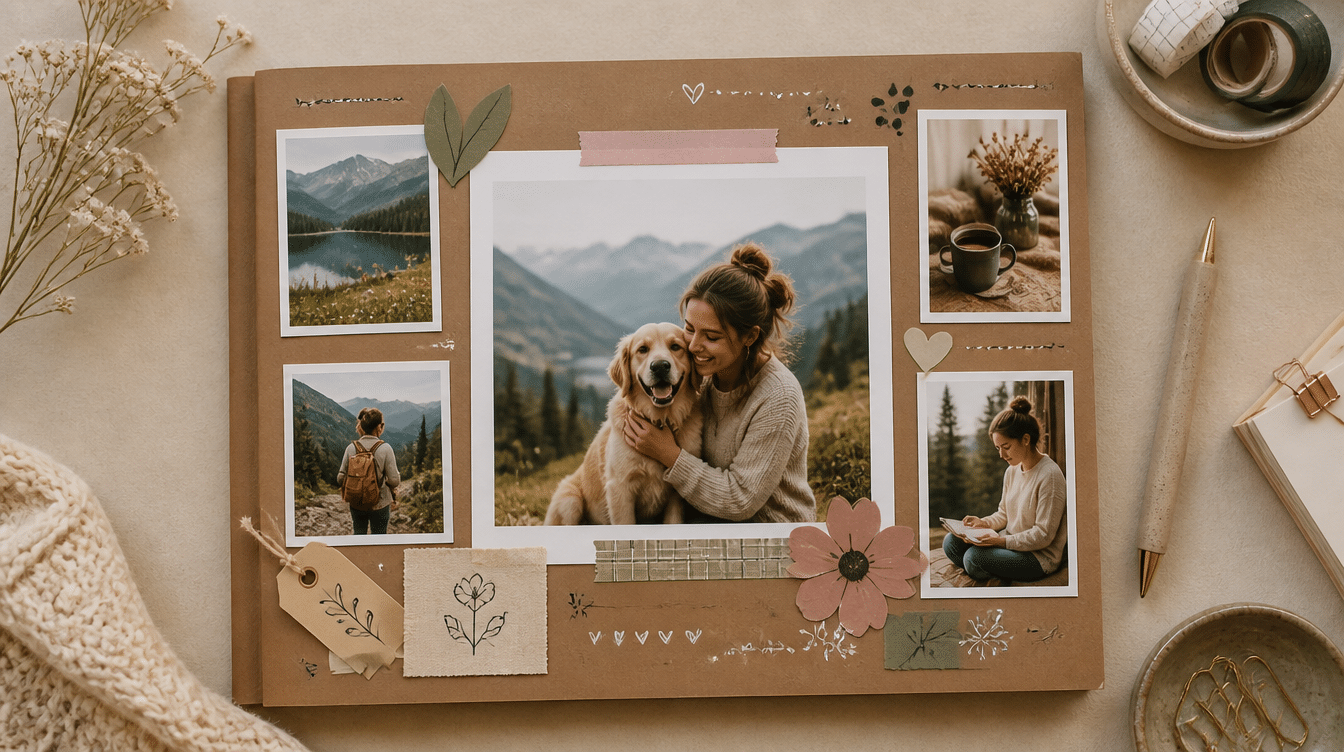 scrapbook collage layout featuring a central photo, smaller memory snapshots, floral accents, journaling tags, and decorative embellishments on kraft paper background