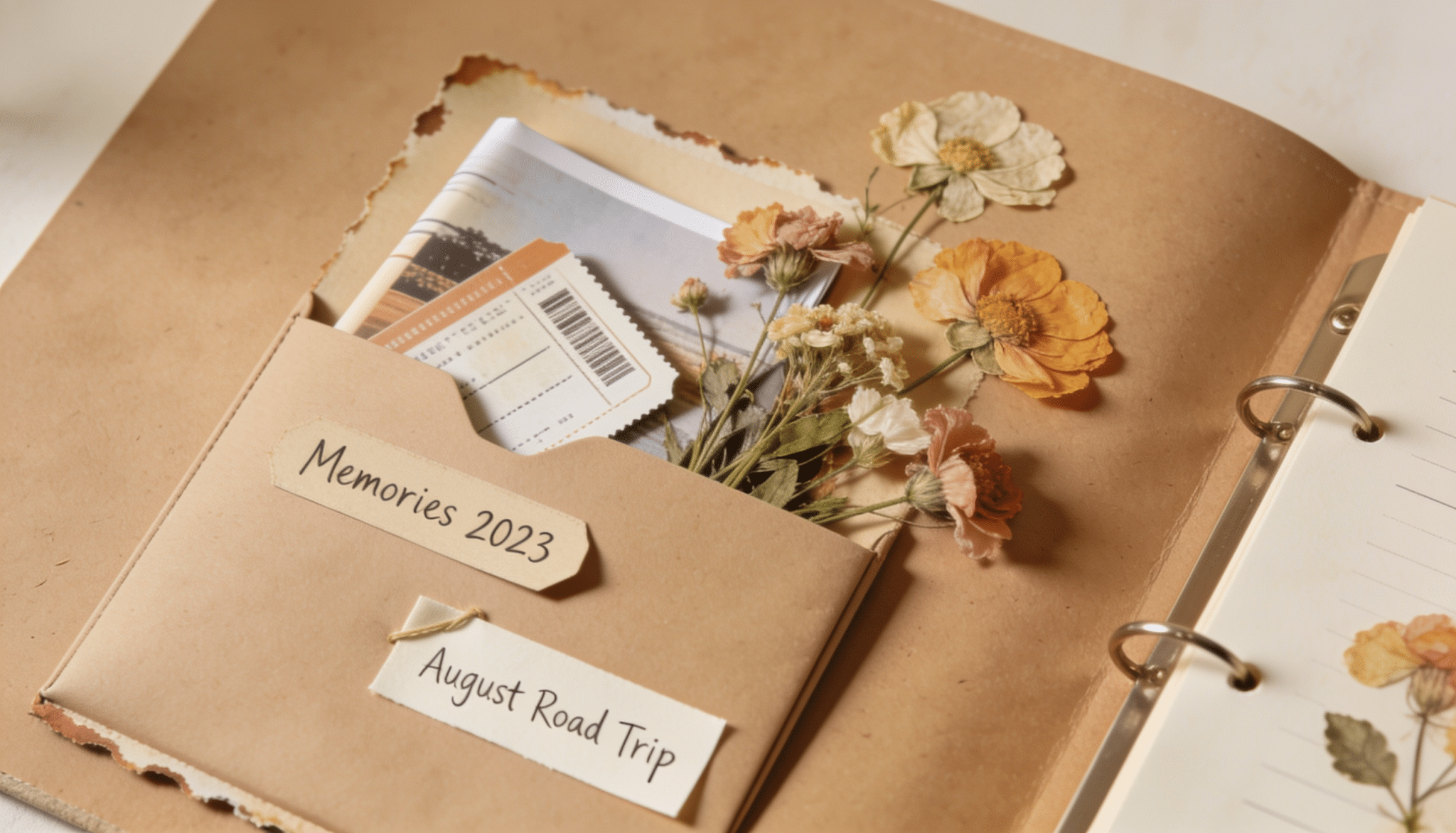 scrapbook keepsake pocket layout with travel mementos, ticket stubs, printed photos, and pressed flowers stored inside a decorative kraft paper envelope page
