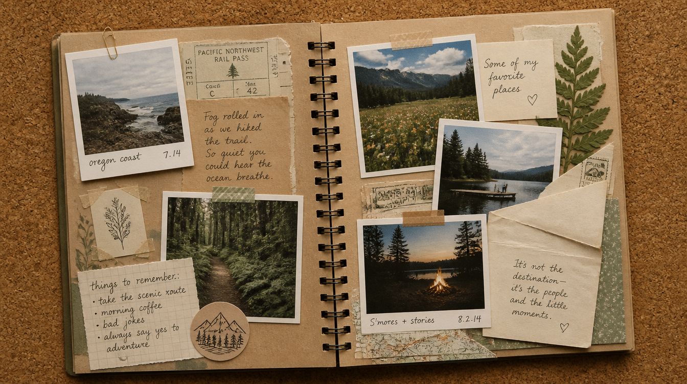 scrapbook layout with overlapping photos, handwritten notes, ticket stubs, maps, and keepsake envelope documenting outdoor adventures and favorite destinations