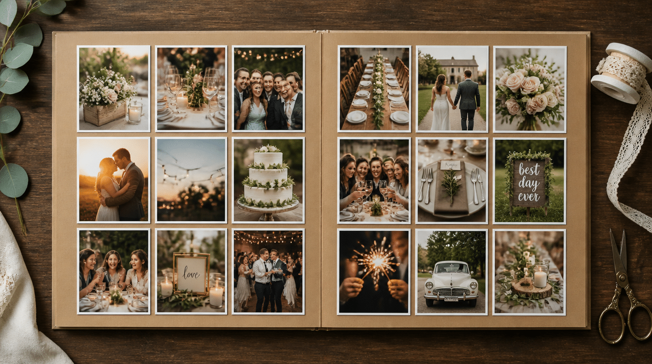 scrapbook spread featuring photo grid layout with ceremony moments, reception details, floral arrangements, and celebration memories on kraft paper pages