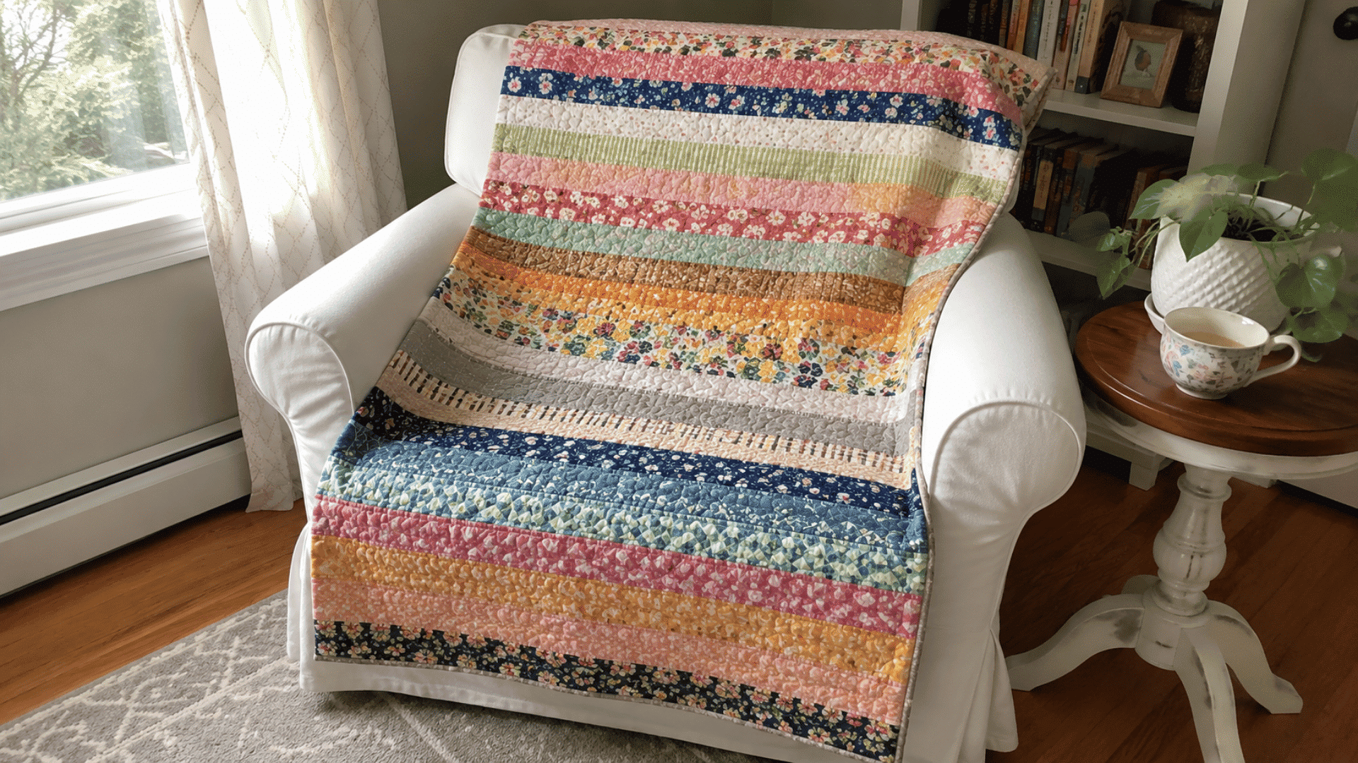 scrappy mixed-print jelly roll race quilt draped over a white armchair near a sunny window