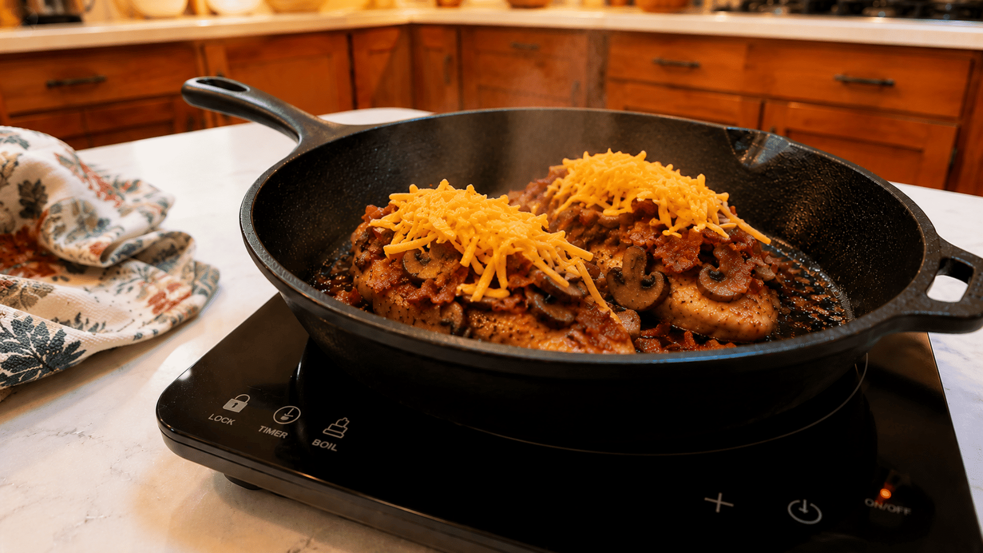 seared chicken breasts topped with mushrooms, crispy bacon and shredded cheddar in a skillet
