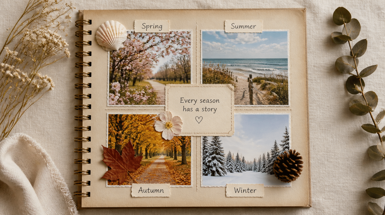 seasonal scrapbook page featuring spring blossoms, summer beach, autumn leaves, and winter scenery with natural decorative accents on linen background