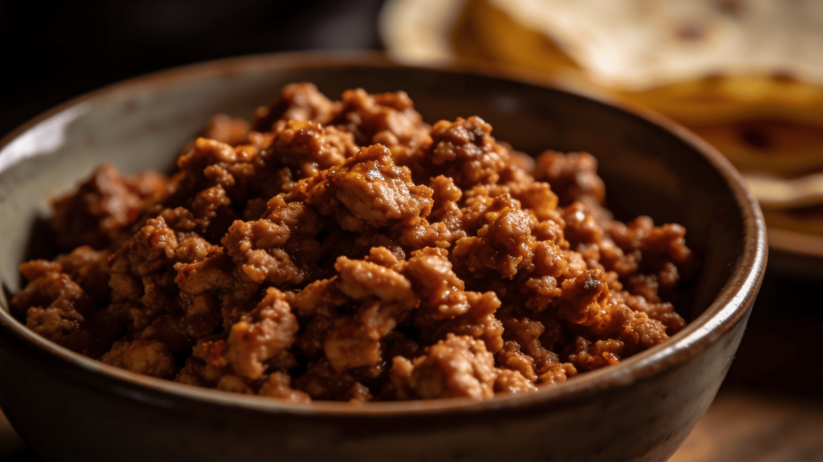 seasoned ground turkey taco meat in a bowl with tortillas