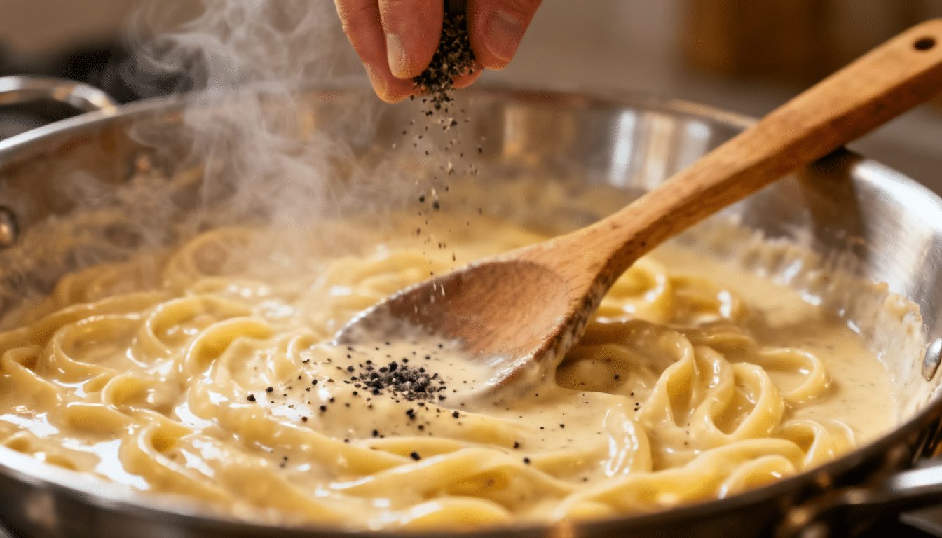 seasoning creamy fettuccine alfredo with freshly ground black pepper in a skillet while gently stirring the sauce and pasta together