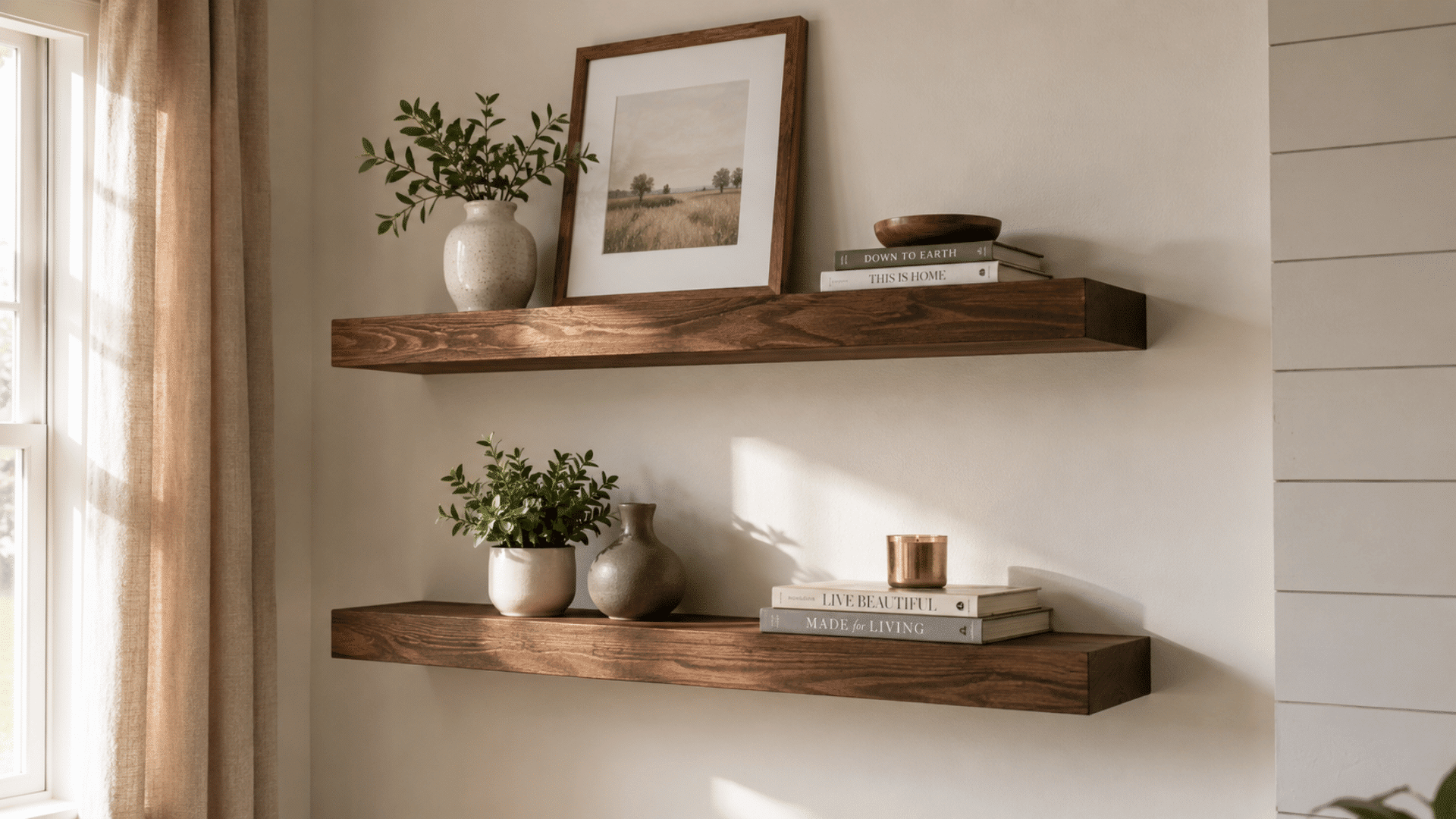 serene farmhouse corner with floating wooden shelves with visible shadows and sunlight glare stacked with books and vases and wooden photo frame