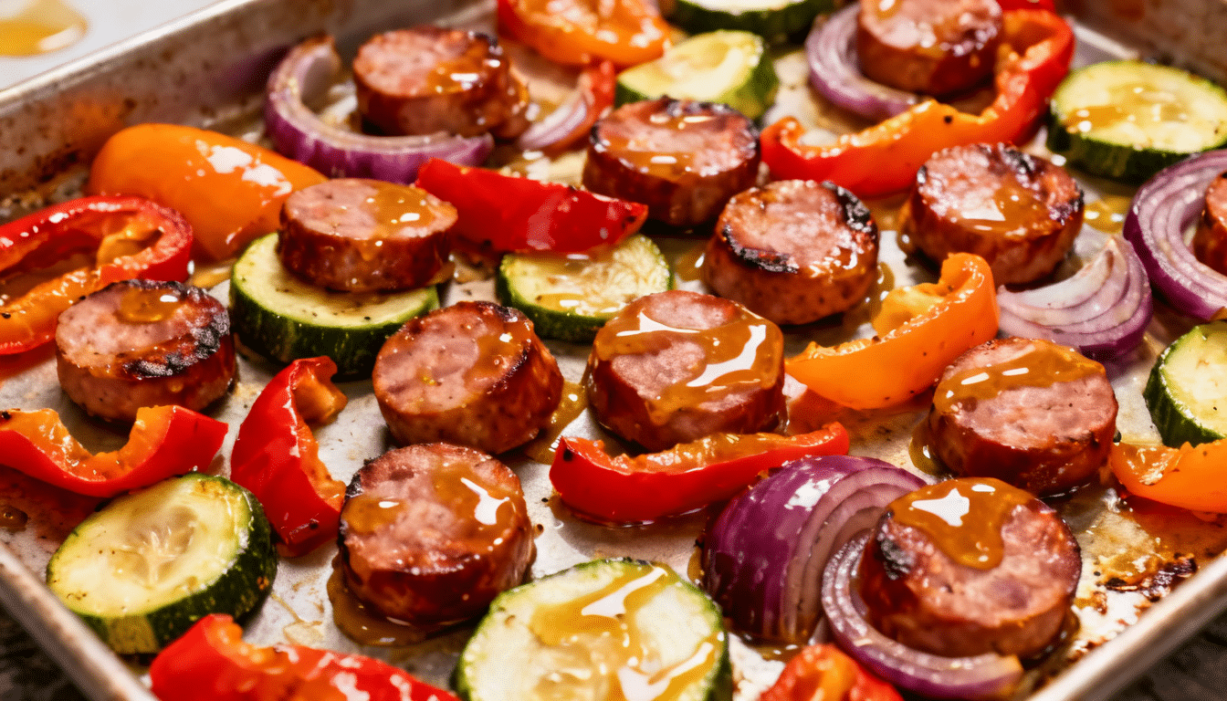 sheet pan honey mustard sausage and vegetables with zucchini, bell peppers, red onion, and caramelized sausage slices roasted together