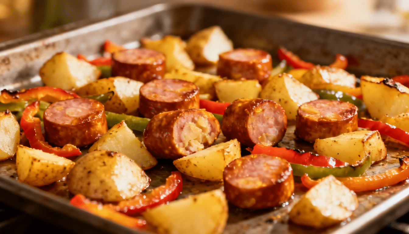 sheet pan sausage with roasted potatoes and bell peppers cooked until golden brown on a baking tray for dinner
