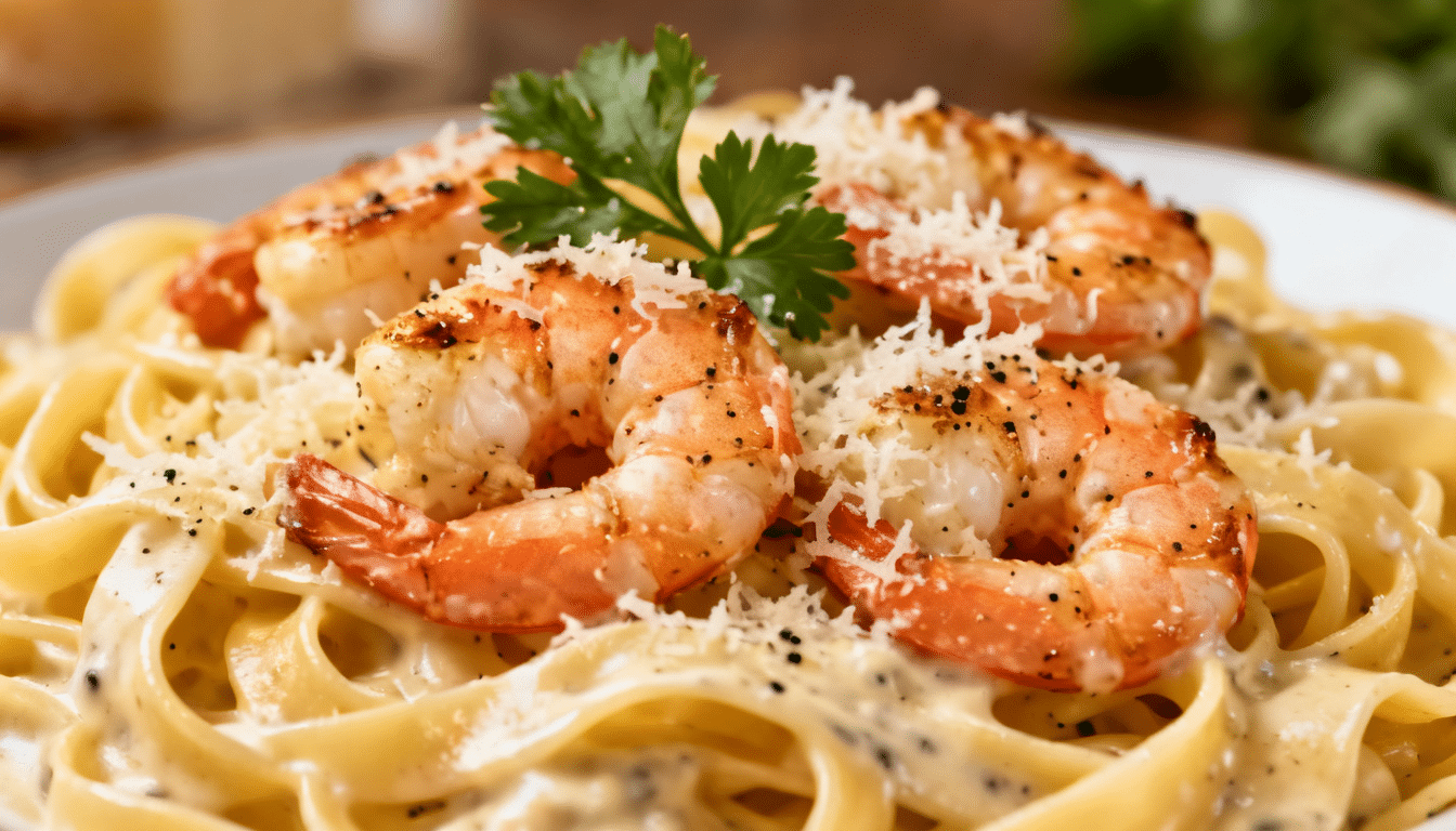 shrimp alfredo with seared shrimp, creamy fettuccine pasta, parmesan cheese, parsley, and black pepper on a plate