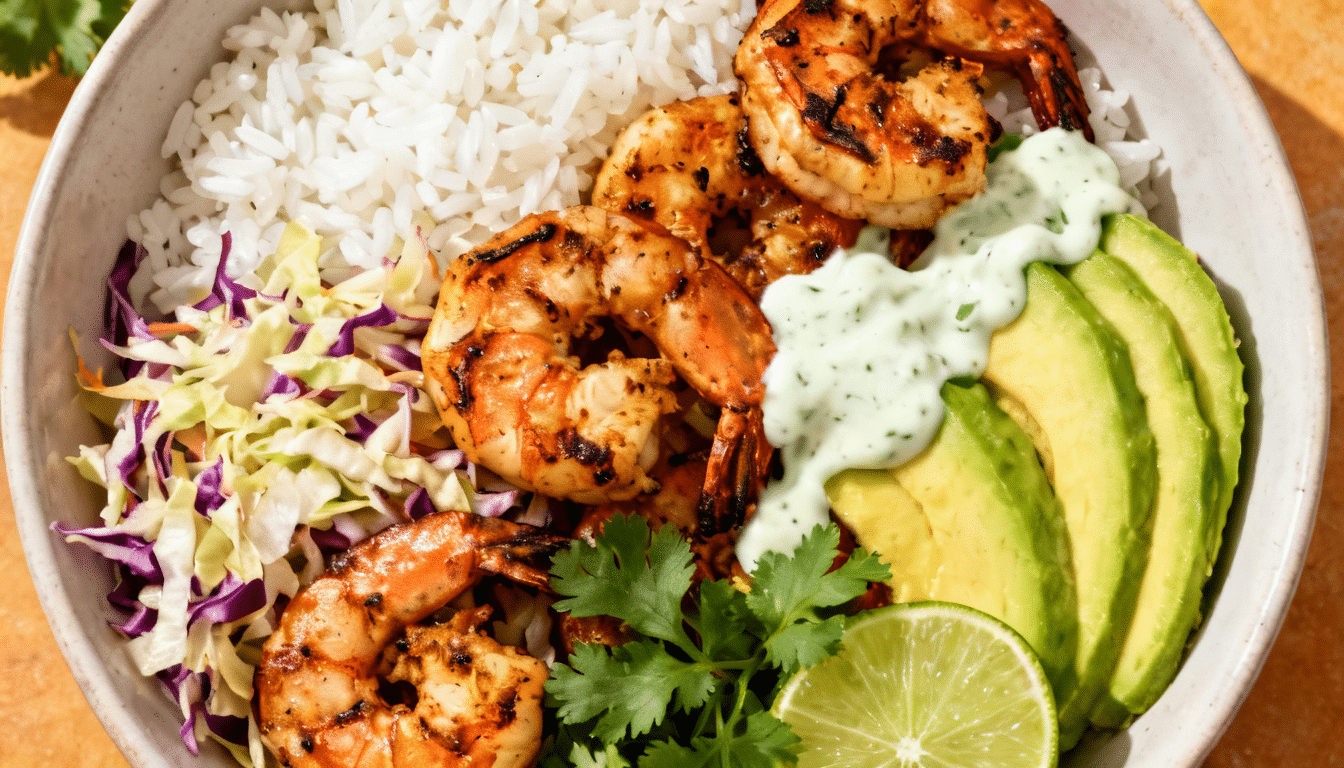 shrimp taco street bowl with grilled shrimp, white rice, avocado slices, cabbage slaw, lime crema, cilantro, and fresh lime wedges