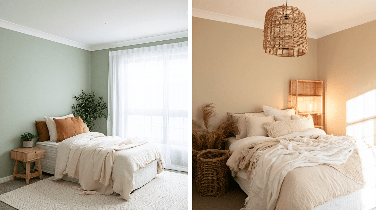 side by side comparison of sage green and warm beige color drenched bedrooms with layered bedding and natural textures