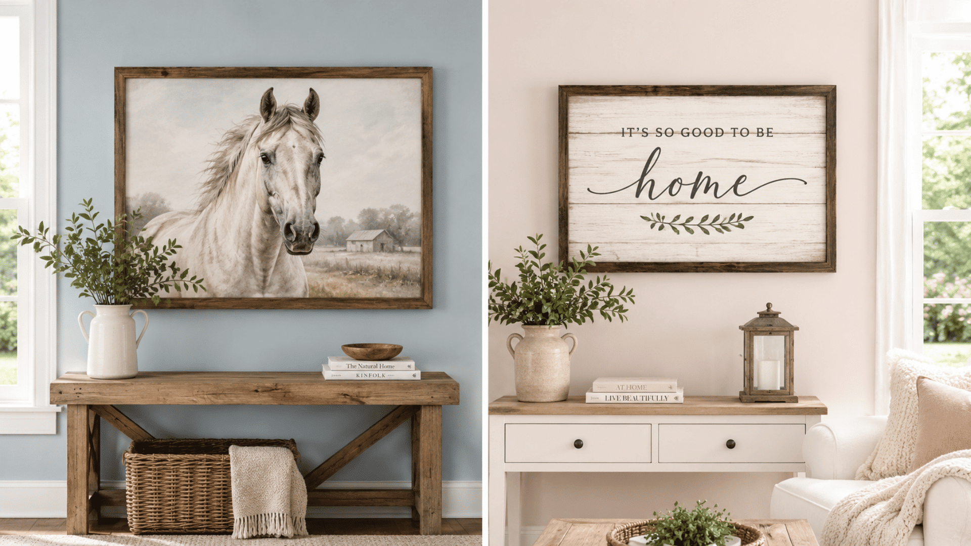 side by side two farmhouse wall arts one in an bright indoor blue wall with horse art and white off pink wall with bright room with farmhouse wall art