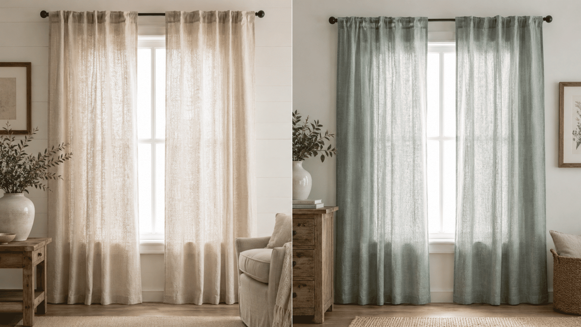 side by side two linen curtains on windows in an daylight indoor setting with visible shades