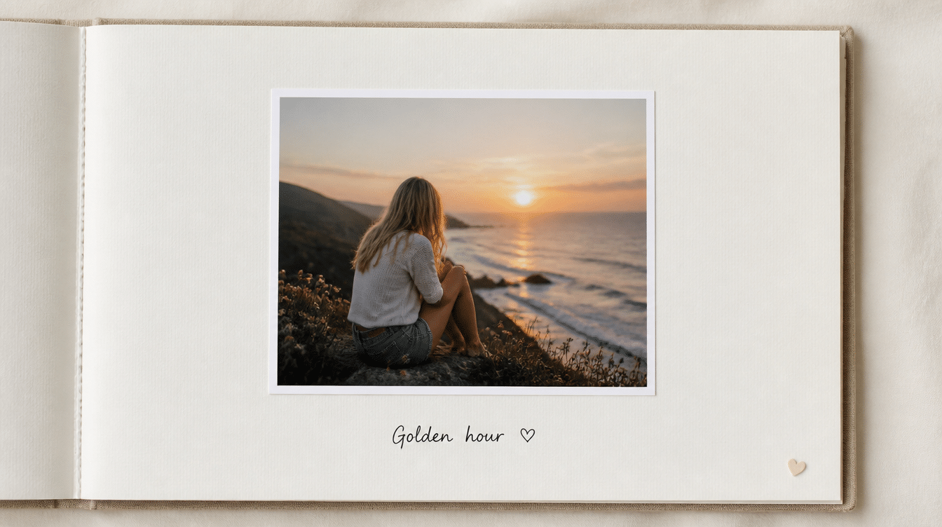 single-photo scrapbook layout featuring a sunset beach photograph with handwritten caption on a clean, minimalist album page background