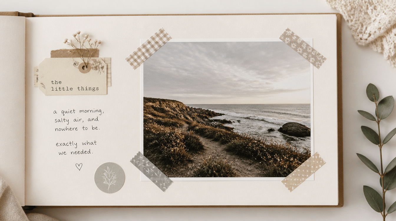 single-photo scrapbook layout with handwritten journaling, decorative washi tape, botanical accents, and a scenic travel photograph on a clean album page background