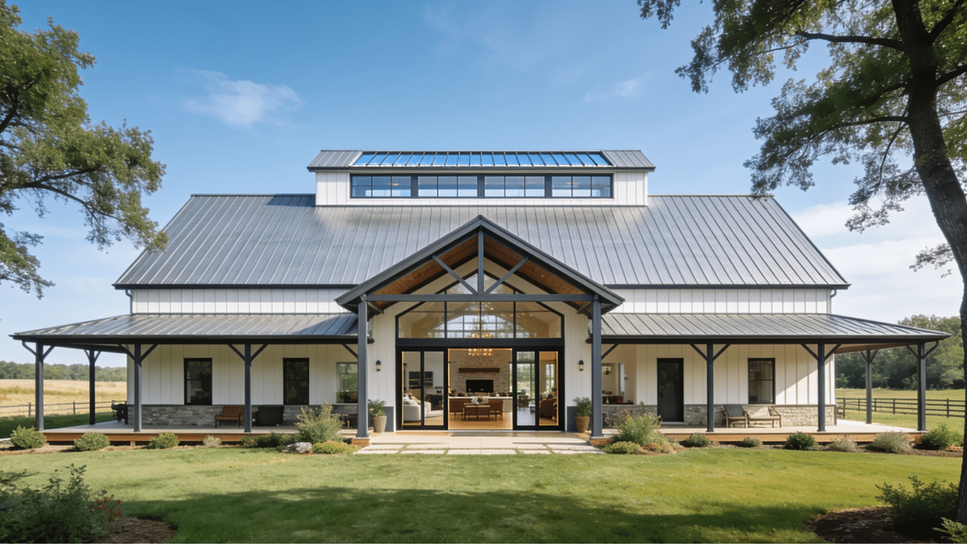 single story barndominium with clerestory windows open layout and spacious front porch