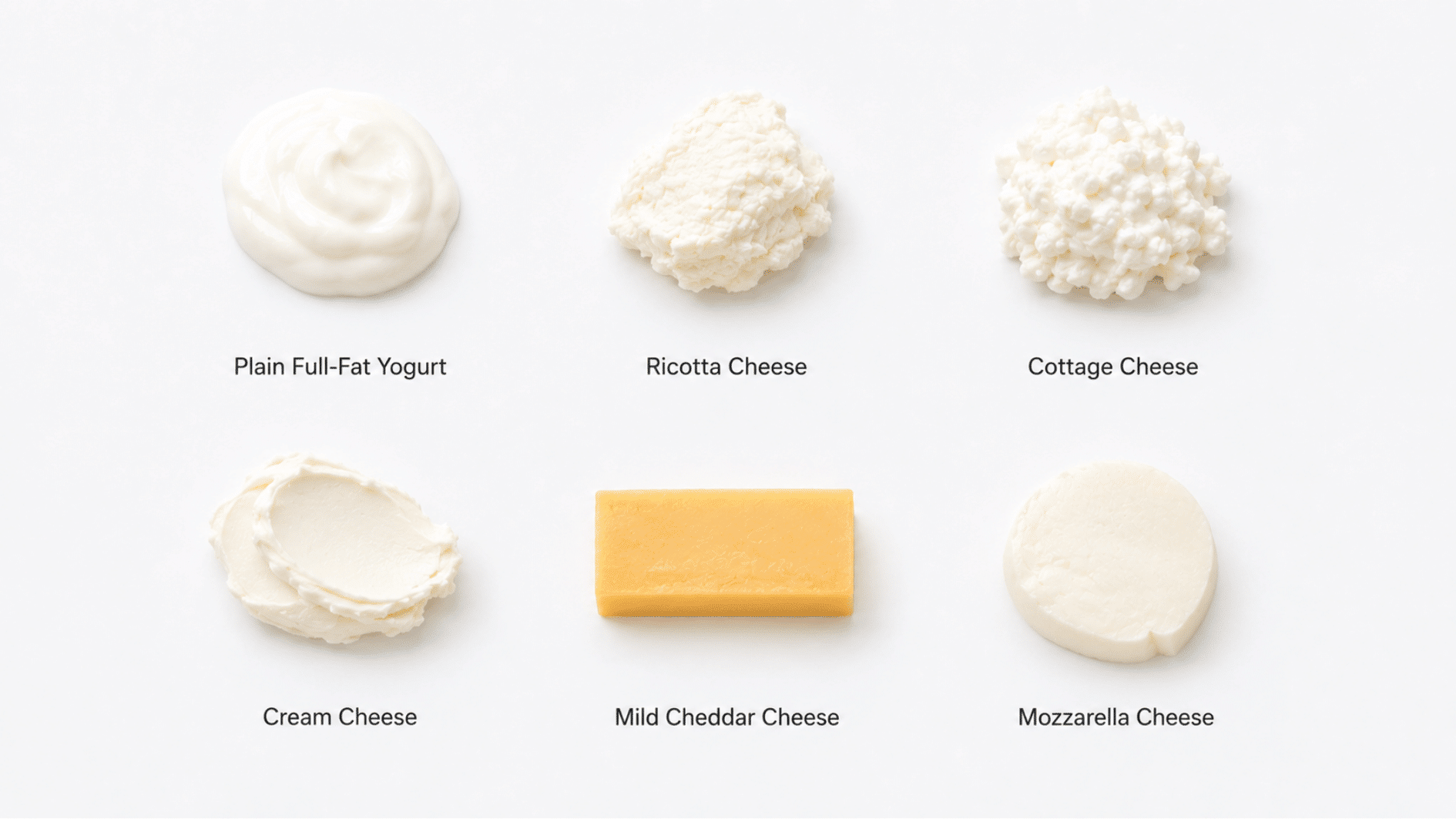 six baby-led weaning dairy foods on white background yogurt, ricotta, cottage cheese, cream cheese, cheddar, and mozzarella.