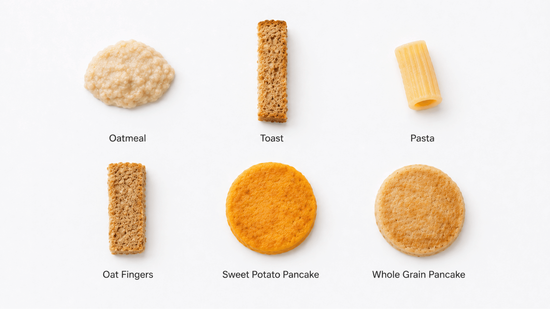 six baby-led weaning grains on white background oatmeal, toast, pasta, oat fingers, sweet potato and whole grain pancake